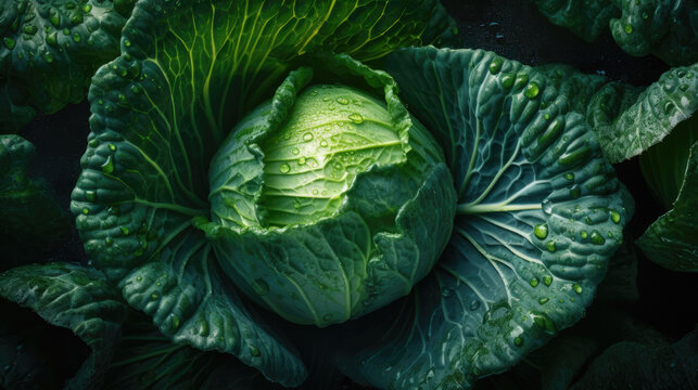 Cabbage, adorned with glistening droplets of water. Generative AI