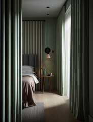 Soft and muted colors of sage and stripes create a serene atmosphere in a contemporary bedroom setting.