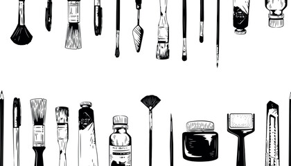 Artist tools, paint brush supplies frame. Sketch education equipment, art pencils for craft work. Black elements isolated on white background. Monochrome paintbrushes. Vector tidy line set © Natalia