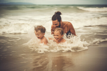 Young family having fun in the waves in summer. Generative AI