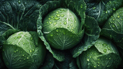 Cabbage, adorned with glistening droplets of water. Generative AI