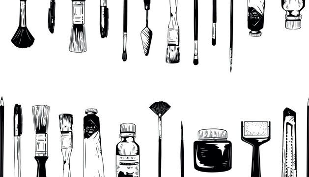 Artist tools, paint brush supplies frame. Sketch education equipment, art pencils for craft work. Black elements isolated on white background. Monochrome paintbrushes. Vector tidy line set