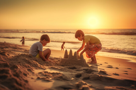 Kids making a sandcastle on a beach at sunset. Generative AI