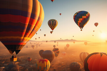 Obraz premium Colorful hot air ballons flying at sunset. Generative AI