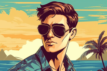 Hand drawn pop-art style illustration of a beautiful young man with sunglasses on a tropical beach. Generative AI