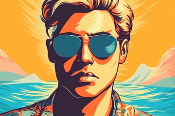 Fototapeta na wymiar Hand drawn pop-art style illustration of a beautiful young man with sunglasses on a tropical beach. Generative AI