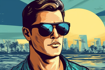 Hand drawn pop-art style illustration of a beautiful young man with sunglasses on a tropical beach. Generative AI - obrazy, fototapety, plakaty
