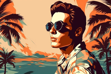 Hand drawn pop-art style illustration of a beautiful young man with sunglasses on a tropical beach. Generative AI