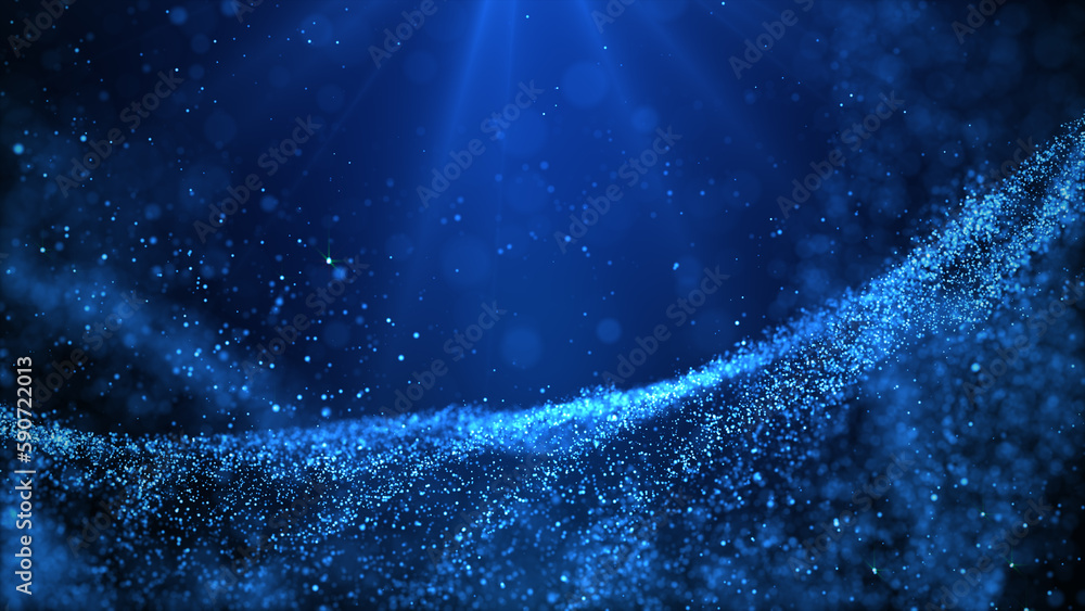 Poster blue color particles wave flowing with lines and dots connection, digital cyberspace futuristic, abs