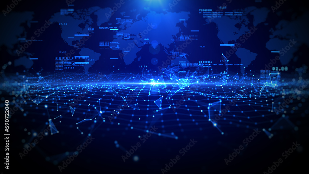 Poster global network technology blockchain connections background concept, blue abstract background digita