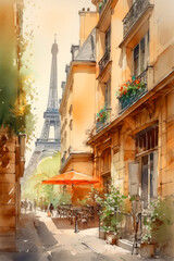 Fototapeta na wymiar Spring Paris street in blue and beige watercolour sketch drawing, ai generative