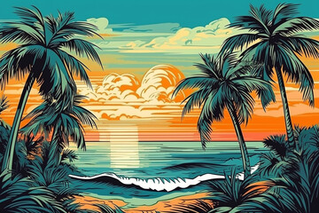 Fototapeta na wymiar Hand drawn pop-art style illustration of an exotic tropical beach at sunset. Generative AI
