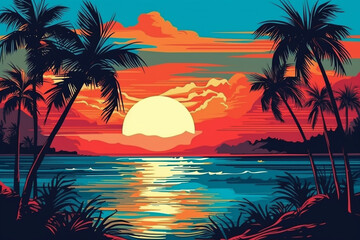 Fototapeta na wymiar Hand drawn pop-art style illustration of an exotic tropical beach at sunset. Generative AI