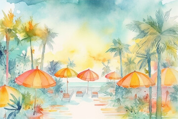 Fototapeta na wymiar Hand painted illustration of a conceptual summer scene - pastel watercolor. Generative AI