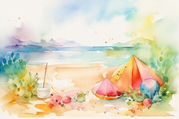 Hand painted illustration of a conceptual summer scene - pastel watercolor. Generative AI