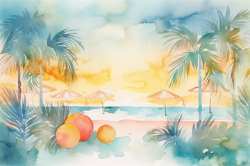 Fototapeta na wymiar Hand painted illustration of a conceptual summer scene - pastel watercolor. Generative AI