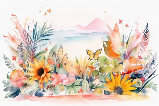 Hand painted illustration of a conceptual summer scene - pastel watercolor. Generative AI
