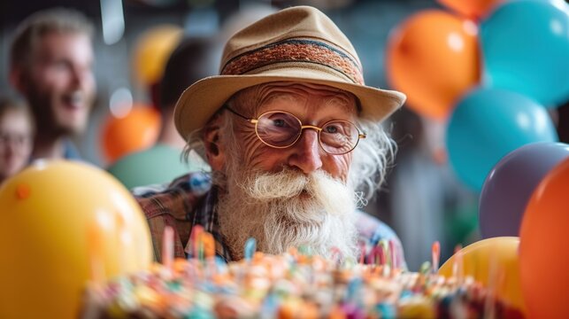 Happy cheerful bearded grandfather wearing hat and glasses celebrating birthday. Festive indoor background with multicolored balloons. Big cake with candles. AI generative image.