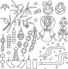 笹の飾りや織姫や彦星など七夕をイメージした線画セット