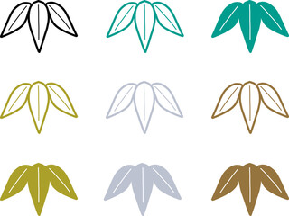 シンプルな笹の葉のアイコンの線画とカラーバリエーションセット