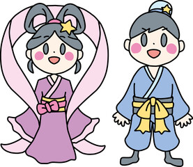 3頭身の織姫と彦星のカラーイラストセット