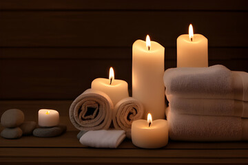 Obraz na płótnie Canvas Beautiful spa setting with bathrobe, slippers, candles, cosmetics. Beauty wellness center treatment and relax concept. Generative Artificial Intelligence.