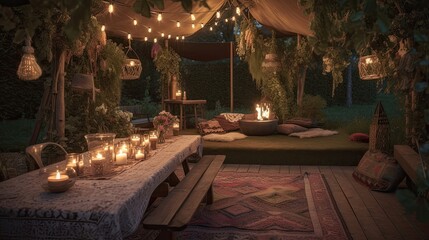 A bohemian-chic outdoor celebration is the perfect way to bring together natural beauty, unique decor, and a laid-back atmosphere for a memorable event. Generated by AI.