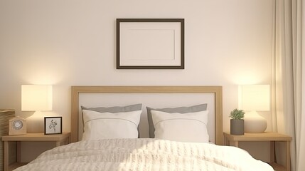 Guest room with a blank picture frame on a neutral-colored wall with bedding created with generative AI technology