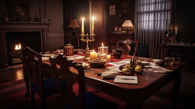 Step into a world of mystery and suspense at an interactive murder mystery party. Generated by AI.