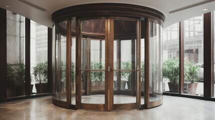 Fototapeta na wymiar Wooden frame Glass revolving door in a modern luxury building