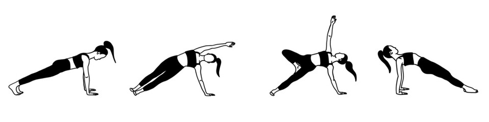 Flexibility yoga poses collection. Black and white. Female, lady, woman, girl. Meditation, pilates, mental health, training, gym. Vector illustration in cartoon flat style isolated on white background