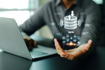 Database management cloud computing or data center cyber security file document transfer or business administrator analysis to growth and service information technology system concepts.