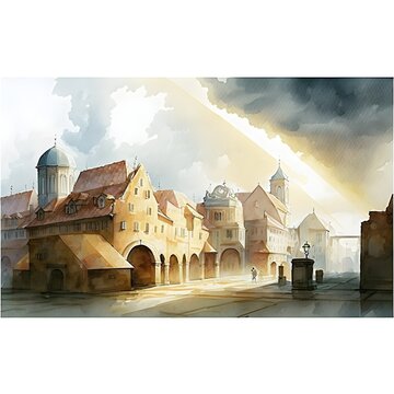 aquarelle panorama of medieval city square with 1 storage buildings god rays 