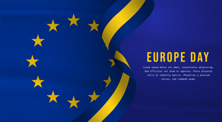 Banner illustration of Europe day celebration with text space. Waving flag and hands clenched. Vector illustration.