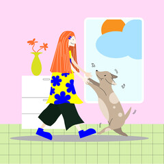 Colorful vector illustration full body of loving woman with long red hair dancing with adorable dog on pink background and green floor