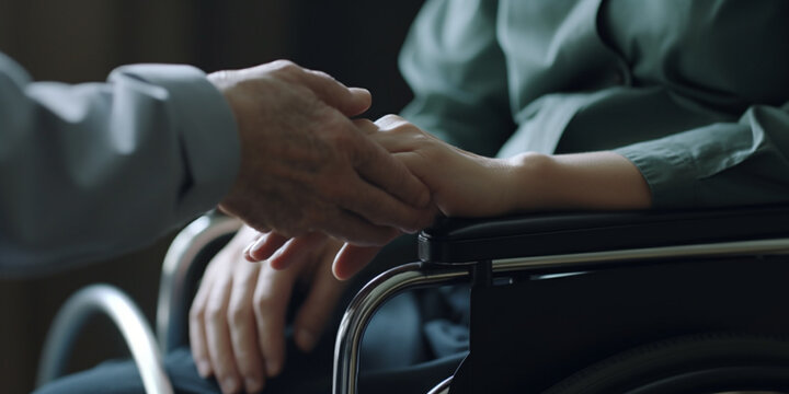 Comforting Touch: An Elderly Patient in a Wheelchair Holds Hands with a Loved One