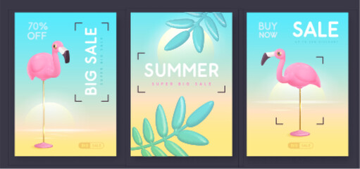 Set of summer big sale modern covers with 3d plastic flamingo and tropic leaves. Summer background. Vector illustration