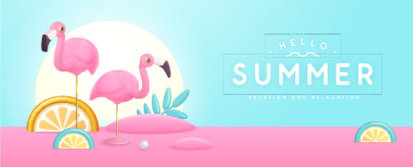 Summer poster with 3D plastic tropic fruits, leaves and flamingo. Summer background. Vector illustration