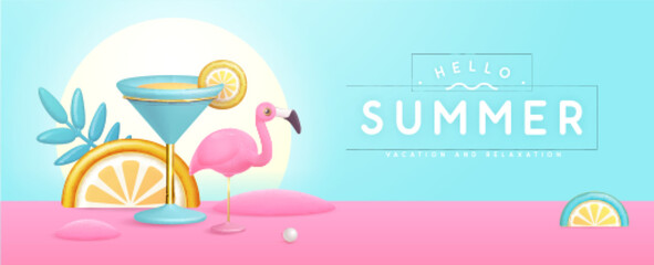 Summer party background with 3D plastic cocktail, tropic fruits and flamingo. Vector illustration