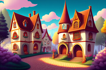 A cartoon image of a castle with a red roof and the word castle on the bottom. Generative Ai
