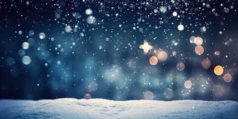 Naklejka premium Snow festive Christmas background with soft bokeh blue color, generated AI, generated, AI