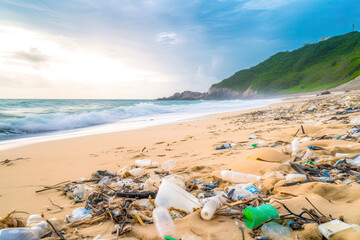 Beach plastic waste pollution environmental problems, generated AI, generated, AI