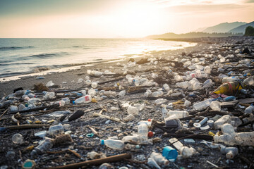Fototapeta na wymiar Beach plastic waste pollution environmental problems, generated AI, generated, AI