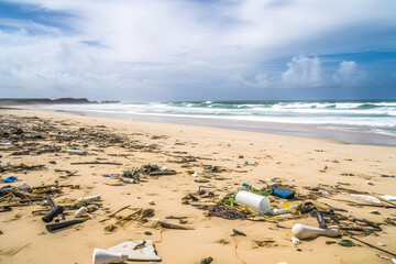 Obraz premium Beach plastic waste pollution environmental problems, generated AI, generated, AI