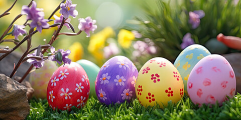 Fototapeta na wymiar Easter eggs colorful background backdrop festive egg, generated AI, generated, AI