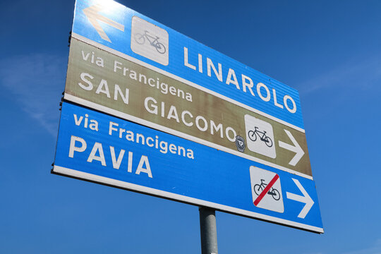 Road sign via Francigena particular blue sky tourist indication art