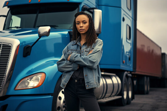 young female truck driver. Generative AI