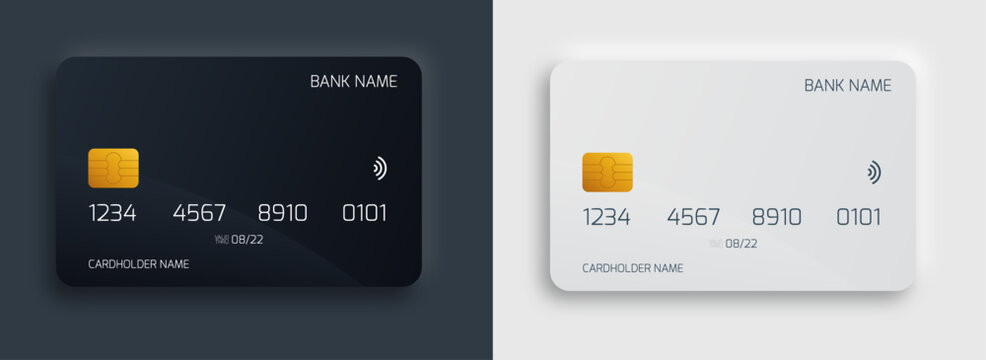 Plastic bank card design template set. Isolated credit or debit cards mockup with dark and light color style concept