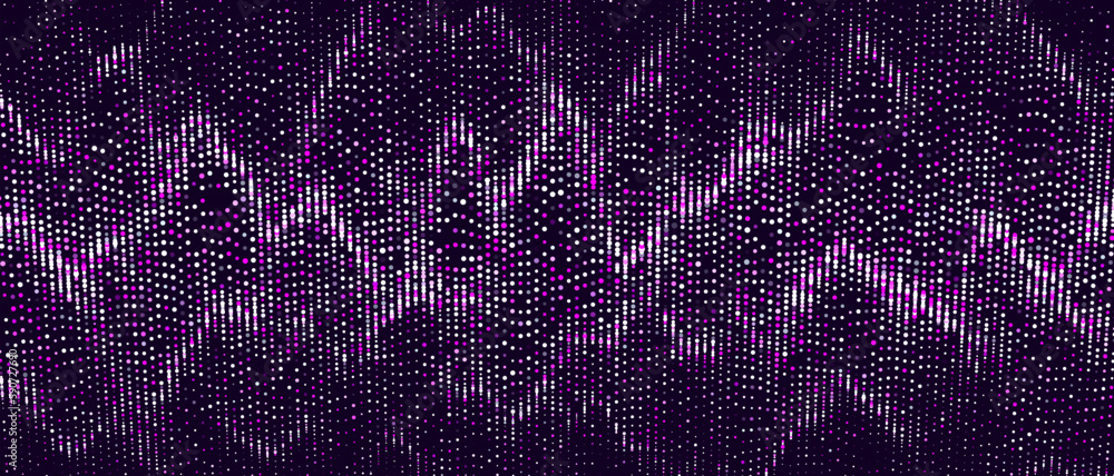 Poster flow of green shimmering particles. glowing dynamic halftone sound wave. vector illustration.