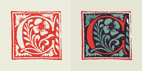 C letter medieval gothic initial. Blackletter style drop cap logo. Dim colored and monochrome square shaped illuminated calligraphy.